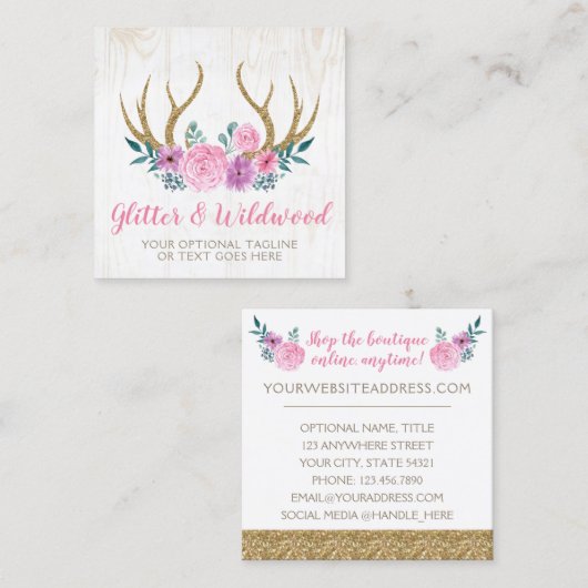 ウッド&ウォー素朴トカラーフローラ〔雄ジカの〕枝角ブティック スクエア名刺 (正面/裏面)