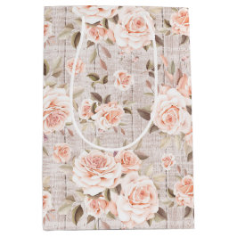 ウッド&シャビー素朴シックバラフローラ誕生日 ミディアムペーパーバッグ