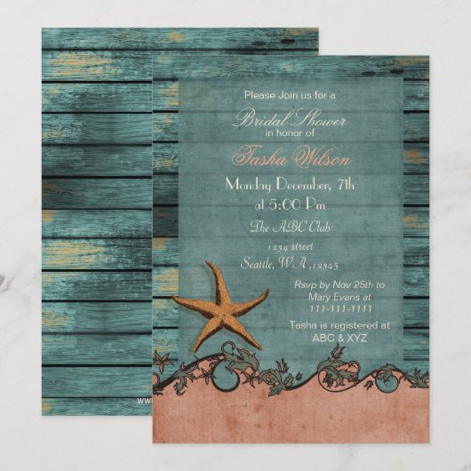 ウッド スターフィッシュ コーラル ラスティック ビーチ ブライダル シャワー 招待状 (正面/裏面)
