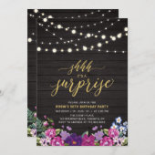 ウッド&ストリングライト金ゴールドサプライズ誕生日パーティー 招待状 (正面/裏面)