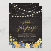 ウッド&ストリングライト金ゴールドサプライズ誕生日パーティー 招待状 (正面/裏面)