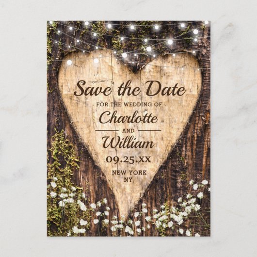 ウッド バーク ハート ベイビー ブレス ウェディング セーブ ザ デート ポストカード (正面)