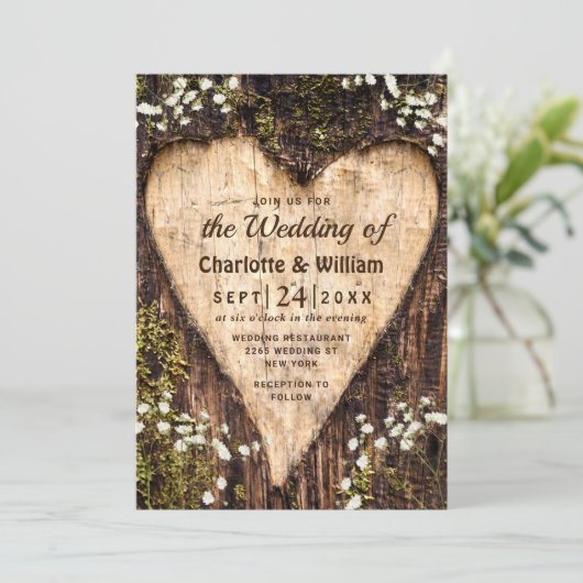 ウッド バーク ベイビー ブレス ハート ラスティック ウェディング 招待状 (スタンド正面)