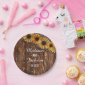 ウッド&バ素朴ラップひまわり結婚のモノグラム ペーパープレート (パーティー)