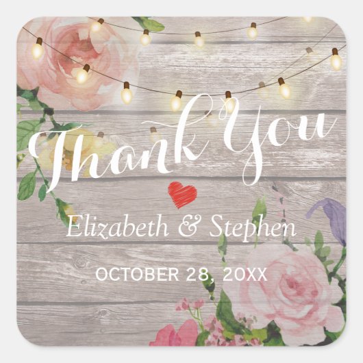 ウッド フローラル ストリング ライト ウェディング フェイバー サンクス スクエアシール (正面)
