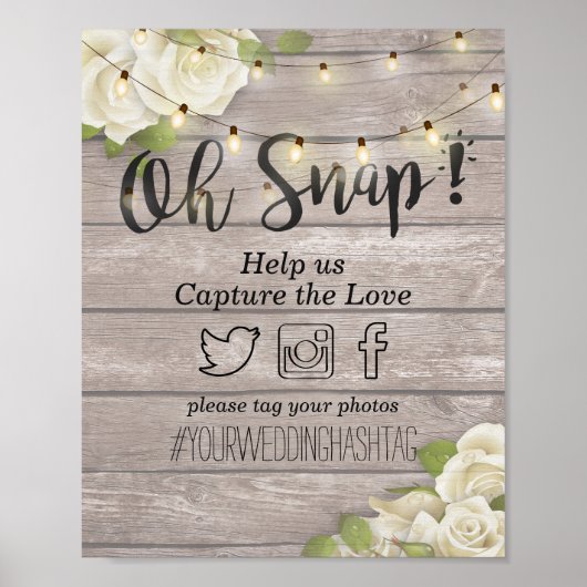 ウッド フローラル ストリング ライト オー スナップ ハッシュタグ ウェディング ポスター (正面)