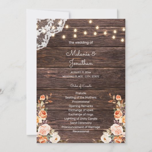 ウッド ブラッシュ & ピーチ フローラル ウェディング セレモニー プログラム (正面)