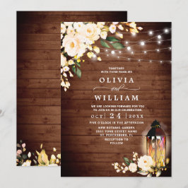 ウッド ブラッシュ ローズ ランタン ラスティック ウォーターカラー ウェディング 招待状