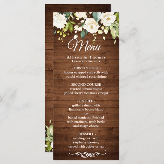 ウッド&ホワイトローズ素朴フローラ結婚のメニューカード メニュー (正面/裏面)