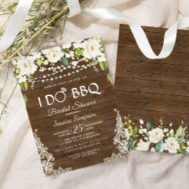 ウッド & ホワイト ローズ フラワーの「I Do BBQ」 ブライダルシャワー 招待状
