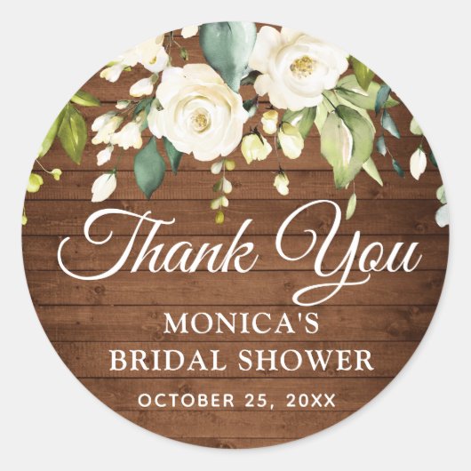 ウッド ホワイト ローズ フラワー ラスティック ブライダル シャワー ラウンドシール (正面)