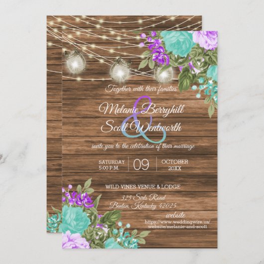 ウッド、メイスンジャースとティール（緑がかった色）、紫の花 招待状 (正面/裏面)