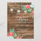 ウッド、メイソンジャースとティール（緑がかった色）、コーラルフラワー結婚ズ 招待状 (正面/裏面)