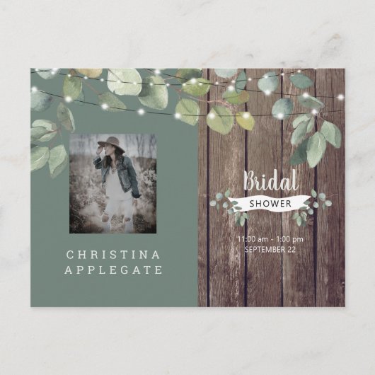 ウッド&ライツ素朴セージブライダルシャワー インビテーションポストカード (正面)