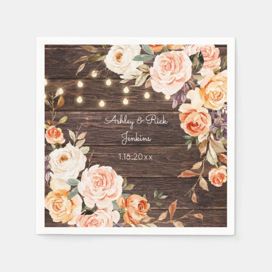 ウッド、ライト、赤面ピンク&ピーチフローラ結婚ズ スタンダードカクテルナプキン (正面)