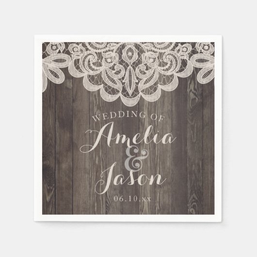 ウッド&レース結婚ナプキンスブライダルシャワー スタンダードカクテルナプキン (正面)