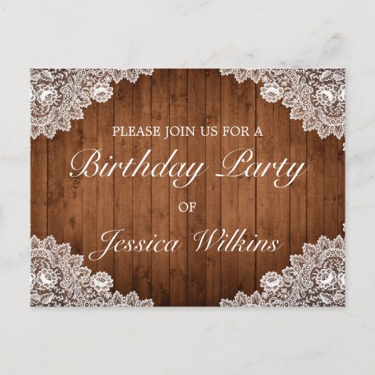 ウッド&レース誕生日パーティー招待はがき 案内ポストカード (正面)