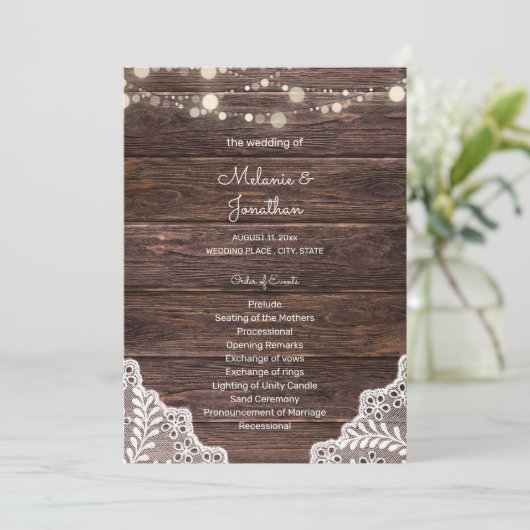 ウッド・レース・ストリングライトの式結婚プログラム 招待状 (スタンド正面)