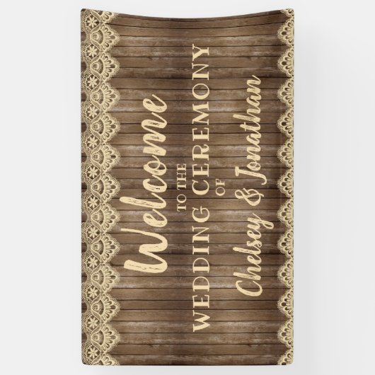 ウッド&素朴クリームレース結婚の歓迎 横断幕 (縦)
