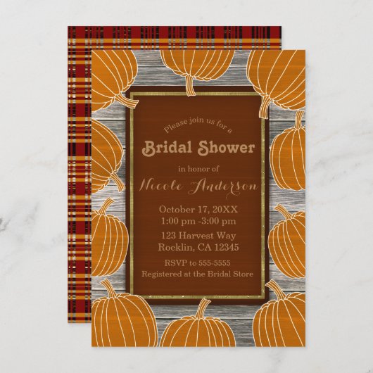 ウッド&素朴パンプキンス秋ブライダルシャワーパーティー 招待状 (正面/裏面)