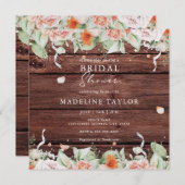 ウッド&素朴ピーチフローラスクエアブライダルシャワー 招待状 (正面/裏面)