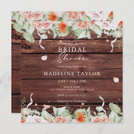 ウッド&素朴ピーチフローラスクエアブライダルシャワー 招待状 (正面/裏面)