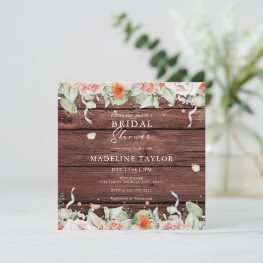 ウッド&素朴ピーチフローラスクエアブライダルシャワー 招待状 (スタンド正面)
