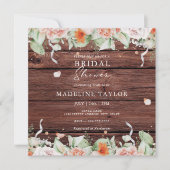 ウッド&素朴ピーチフローラスクエアブライダルシャワー 招待状 (正面)