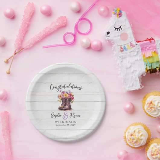 ウッド&素朴フローラブーツカントリーファーム結婚ズ ペーパープレート (パーティー)