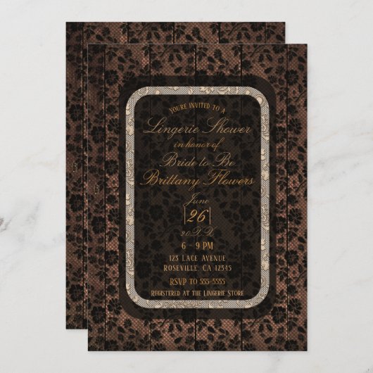 ウッド&素朴フローラレースレースのようランジェリーシャワー 招待状 (正面/裏面)