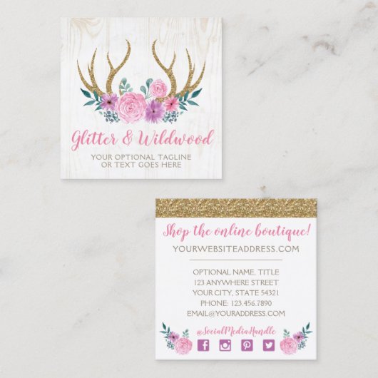 ウッド&素朴フローラ〔雄ジカの〕枝角ブティックソーシャルメディア スクエア名刺 (正面/裏面)