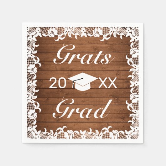 ウッド&素朴ホワイトレースグラッツ卒業 スタンダードカクテルナプキン (正面)
