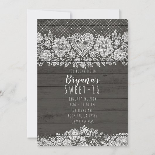 ウッド&素朴ホワイトレーススウィート16誕生日 招待状 (正面)
