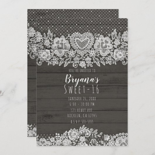 ウッド&素朴ホワイトレーススウィート16誕生日 招待状 (正面/裏面)