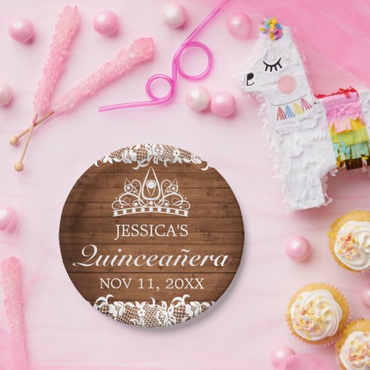 ウッド&素朴ホワイトレースティアラキンセアニラ ペーパープレート (パーティー)