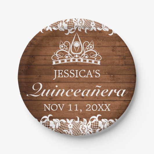 ウッド&素朴ホワイトレースティアラキンセアニラ ペーパープレート (正面)