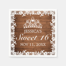 ウッド&素朴ホワイトレースティアラスウィート16 スタンダードカクテルナプキン