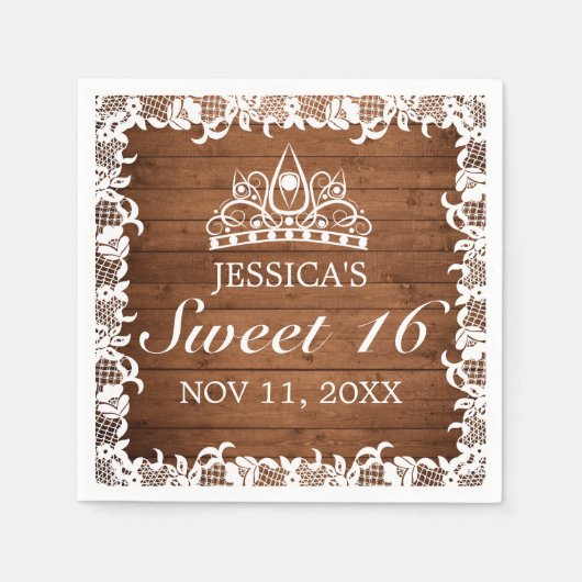 ウッド&素朴ホワイトレースティアラスウィート16 スタンダードカクテルナプキン (正面)