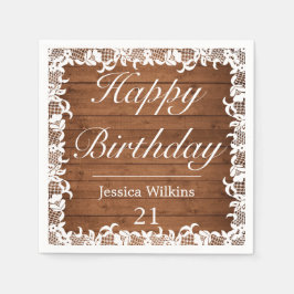 ウッド&素朴ホワイトレースハッピーバースデー スタンダードカクテルナプキン