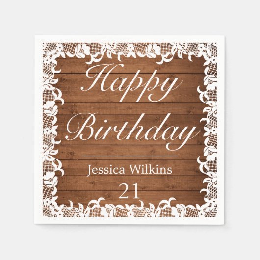 ウッド&素朴ホワイトレースハッピーバースデー スタンダードカクテルナプキン (正面)