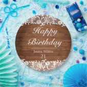 ウッド&素朴ホワイトレースハッピーバースデー ペーパープレート (パーティー)