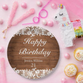 ウッド&素朴ホワイトレースハッピーバースデー ペーパープレート (パーティー)
