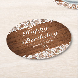 ウッド&素朴ホワイトレースハッピーバースデー ラウンドペーパーコースター