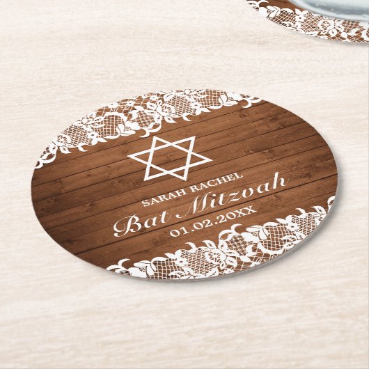 ウッド&素朴ホワイトレースバーバルミツワー ラウンドペーパーコースター (アングル)