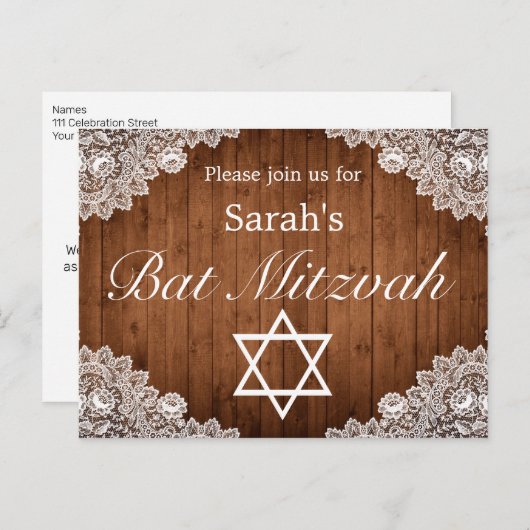 ウッド&素朴ホワイトレースバーバルミツワー 案内ポストカード (正面/裏面)