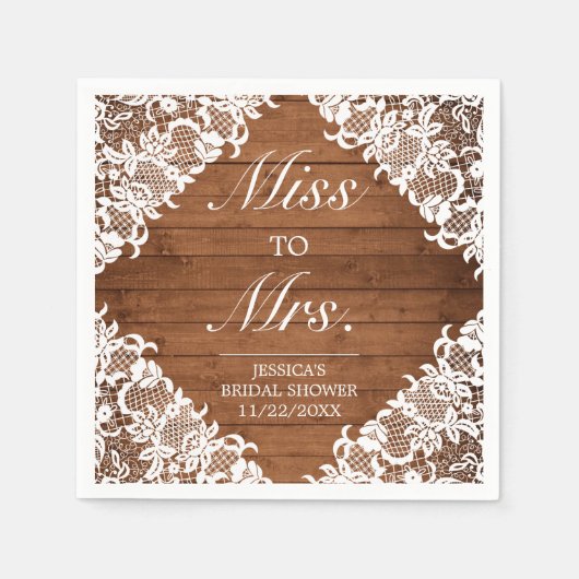 ウッド&素朴ホワイトレースブライダルシャワーミセスへ スタンダードカクテルナプキン (正面)