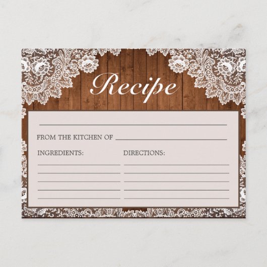 ウッド&素朴ホワイトレースブライダルシャワーレシピカード ポストカード (正面)