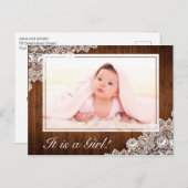 ウッド&素朴ホワイトレースベビーガールフォト誕生 案内ポストカード (正面/裏面)