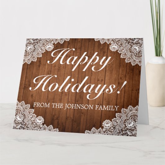 ウッド&素朴ホワイトレースホリデーフォールディンググリーティング カード (正面)