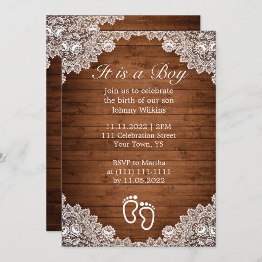 ウッド&素朴ホワイトレースボーイ誕生お祝い 招待状 (正面/裏面)